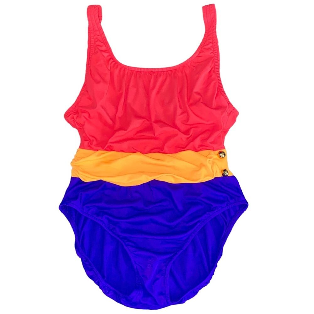 L 12 VTG Le Cove 90’s Neon Colorblock Low Back One Piece Ruched Swimsuit